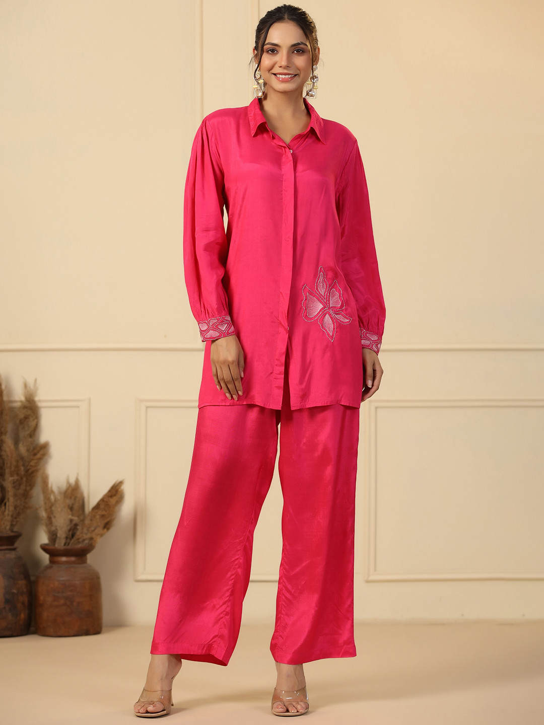 

mirari Floral Embroidered Shirt Collar Shirt With Palazzo, Rose