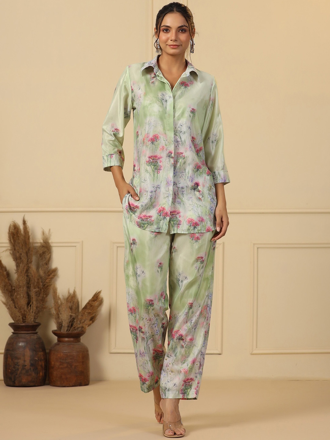 

mirari Floral Printed Shirt Collar Shirt With Trousers, Turquoise blue
