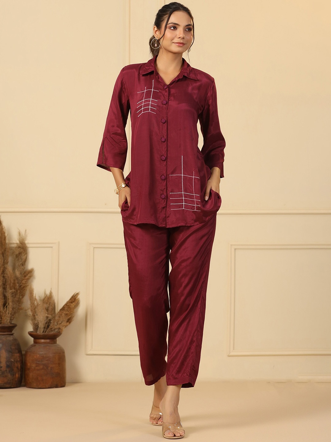 

mirari Geometric Embroidered Shirt Collar Shirt & Trouser, Maroon
