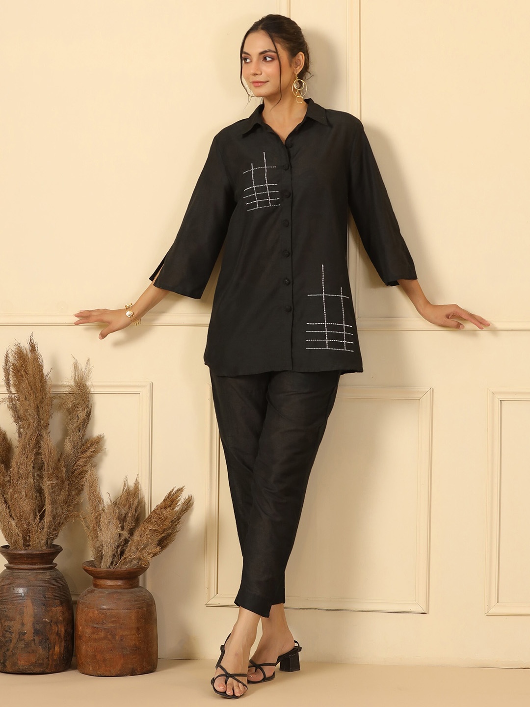 

mirari Geometric Embroidered Shirt Collar Shirt & Trouser, Black