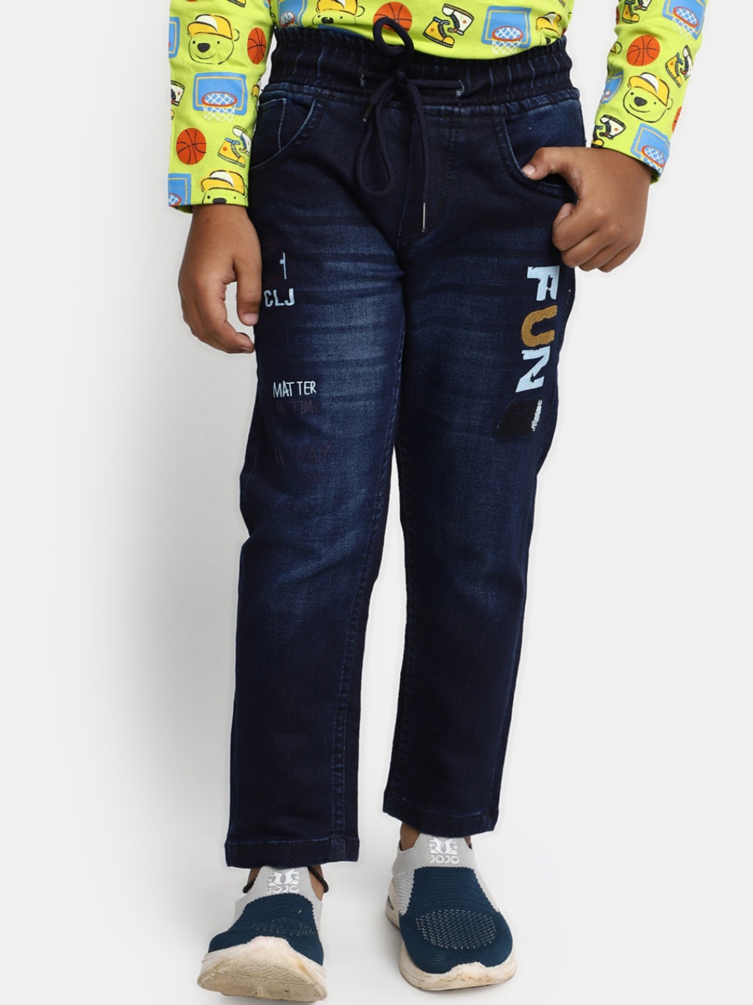 V-Mart Boys Printed Light Fade Clean Look Cotton Jeans, Blue
