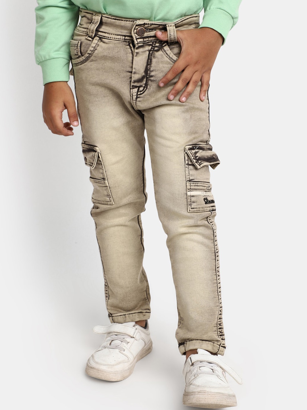 

V-Mart Boys Mid-Rise Clean Look Heavy Fade Cotton Jeans, Beige