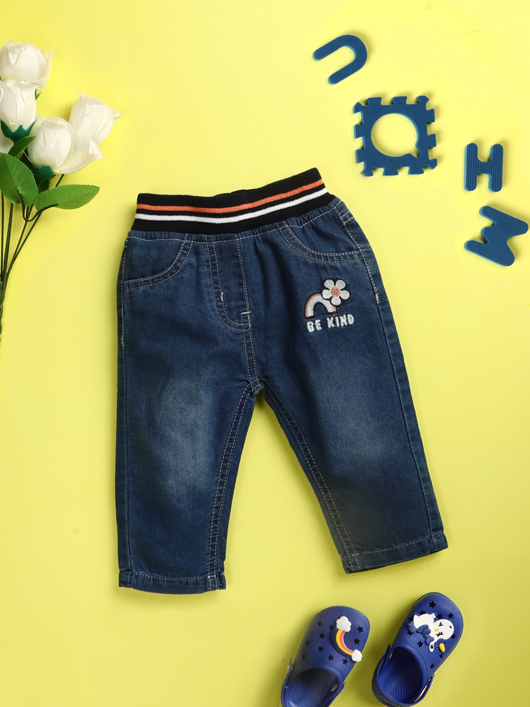 

V-Mart Infant Kids Mid Rise Clean Look Embroidered Detail Slim Fit Light Fade Cotton Jeans, Blue