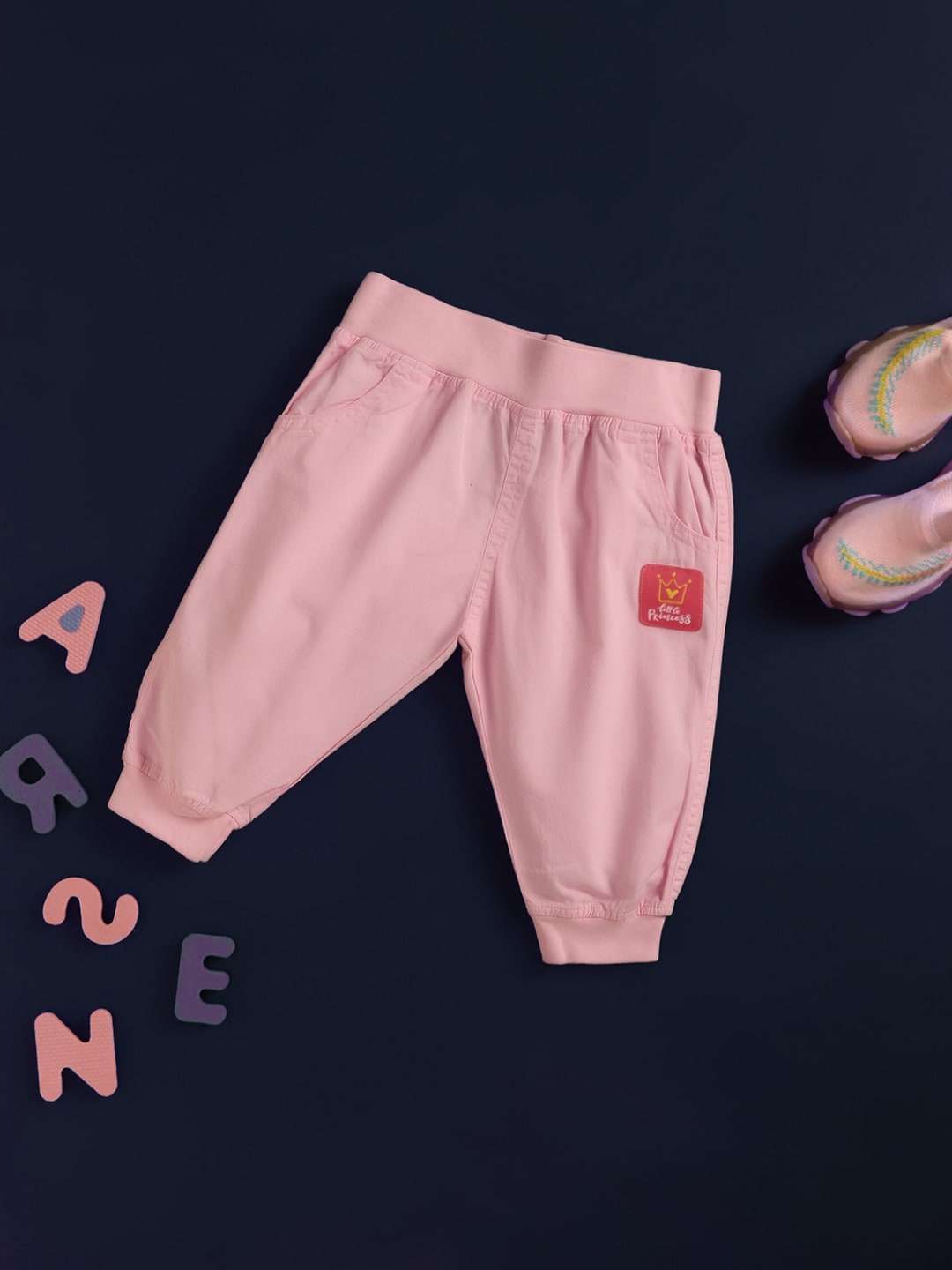 

V-Mart Infant Kids Mid Rise Clean Look Embroidered Detail Light Fade Cotton Jogger, Pink