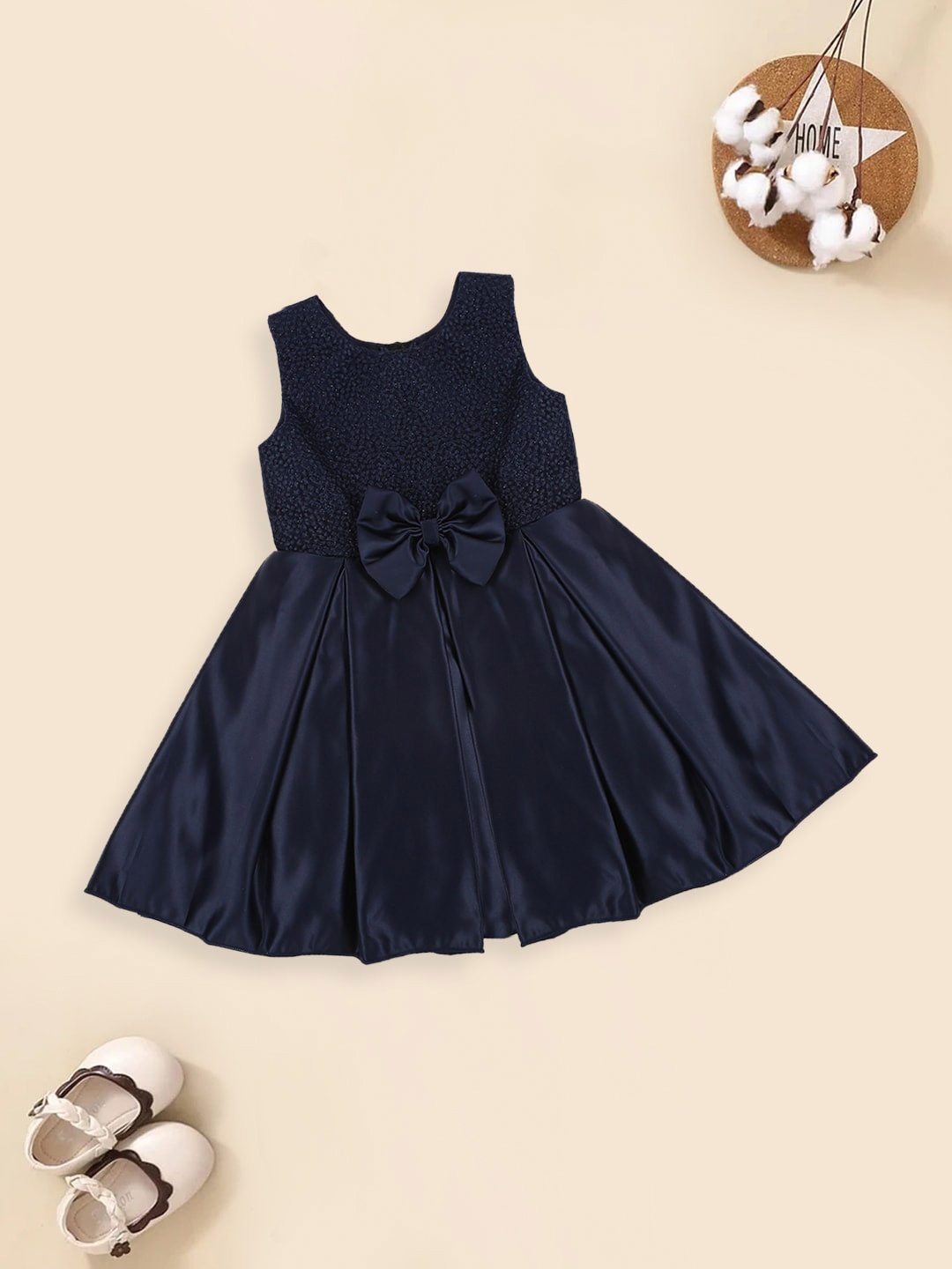 MeeMee Girls Bow Net Fit & Flare Dress, Navy blue