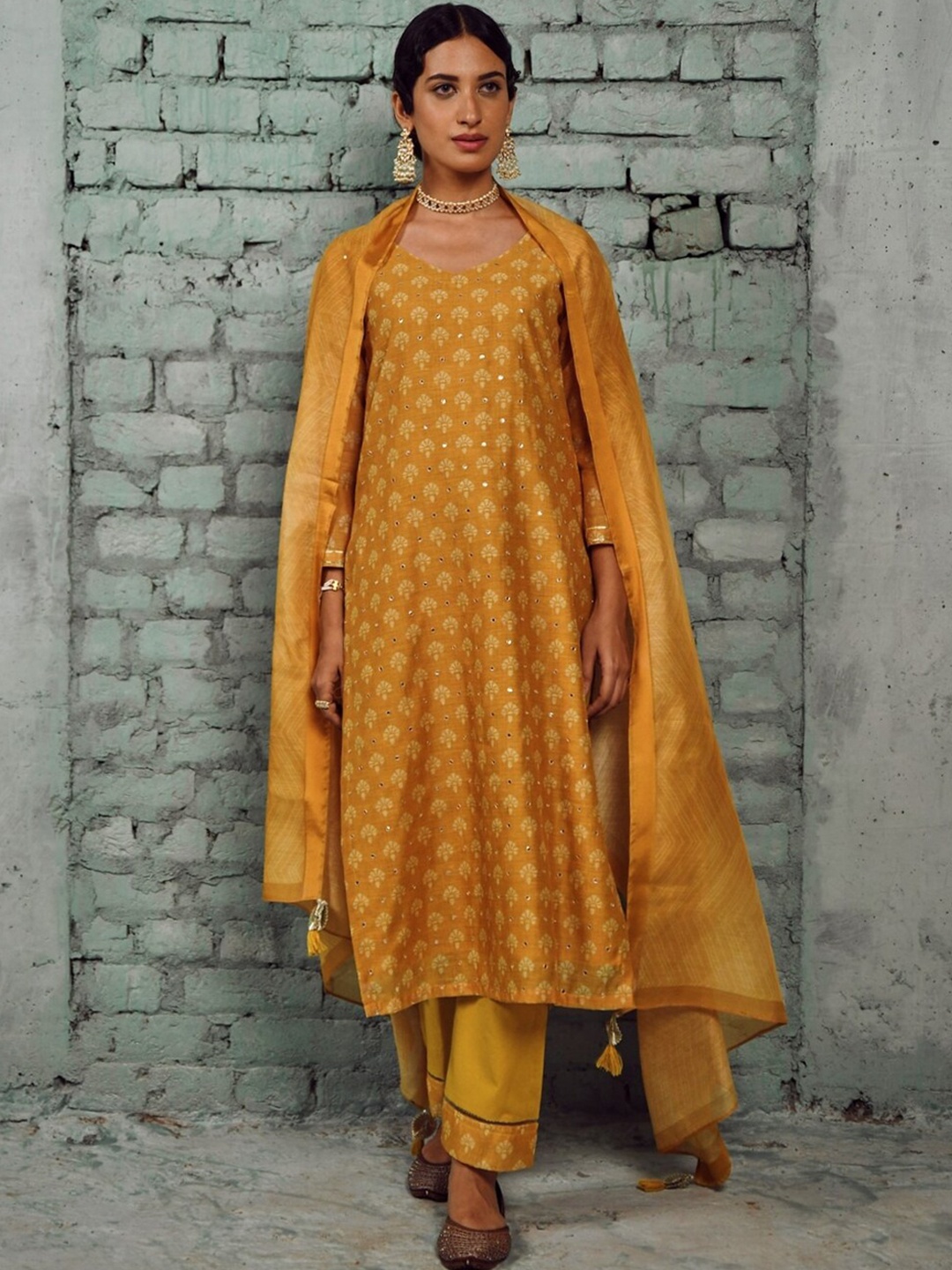 

KARAJ JAIPUR Ethnic Motifs Printed Sequined Poly Chanderi Kurta With Trousers & Dupatta, Mustard