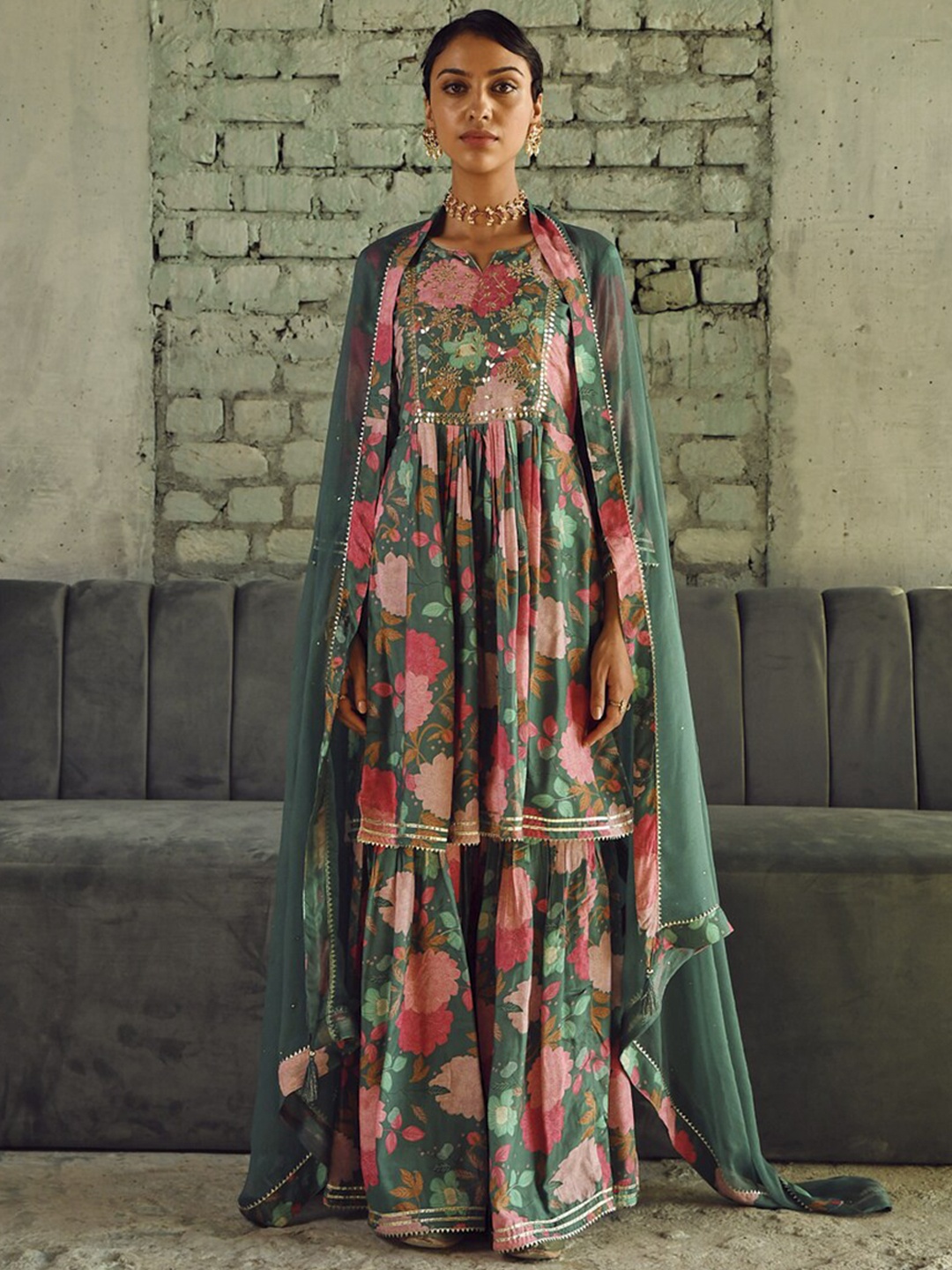 

KARAJ JAIPUR Floral Printed Gotta Patti Anarkali Kurta With Sharara & Dupatta, Teal