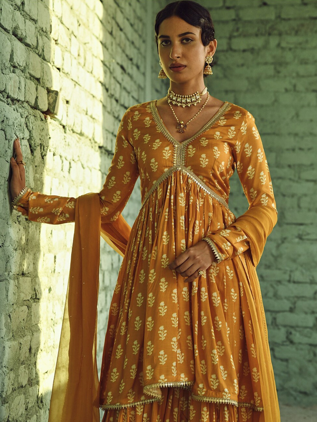 

KARAJ JAIPUR Ethnic Motifs Printed Empire Gotta Patti Kurta & Sharara With Dupatta, Mustard