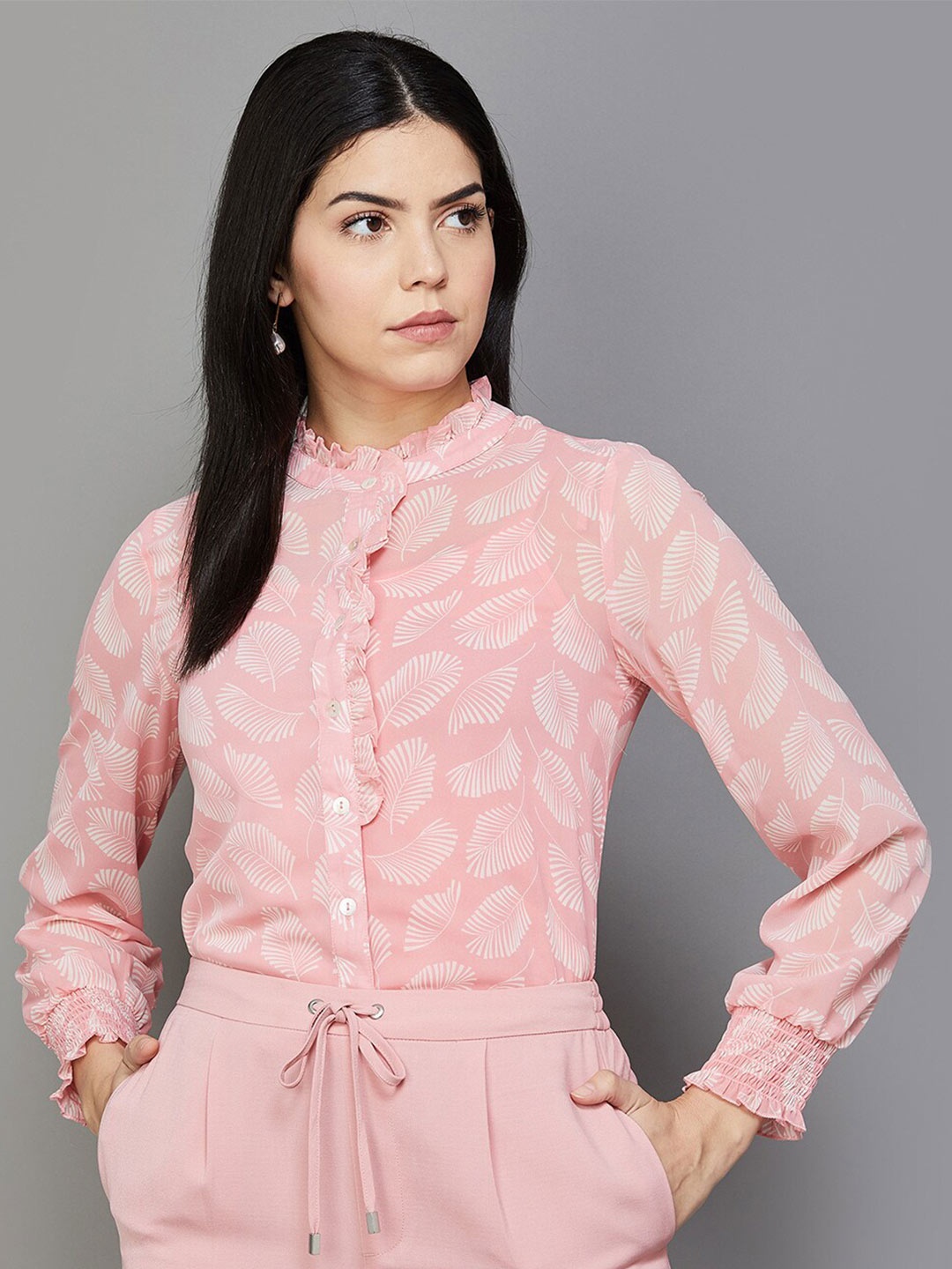 

CODE by Lifestyle Tropical Printed Band Collar Ruffles Detailed Shirt Style Top With Slip, Peach