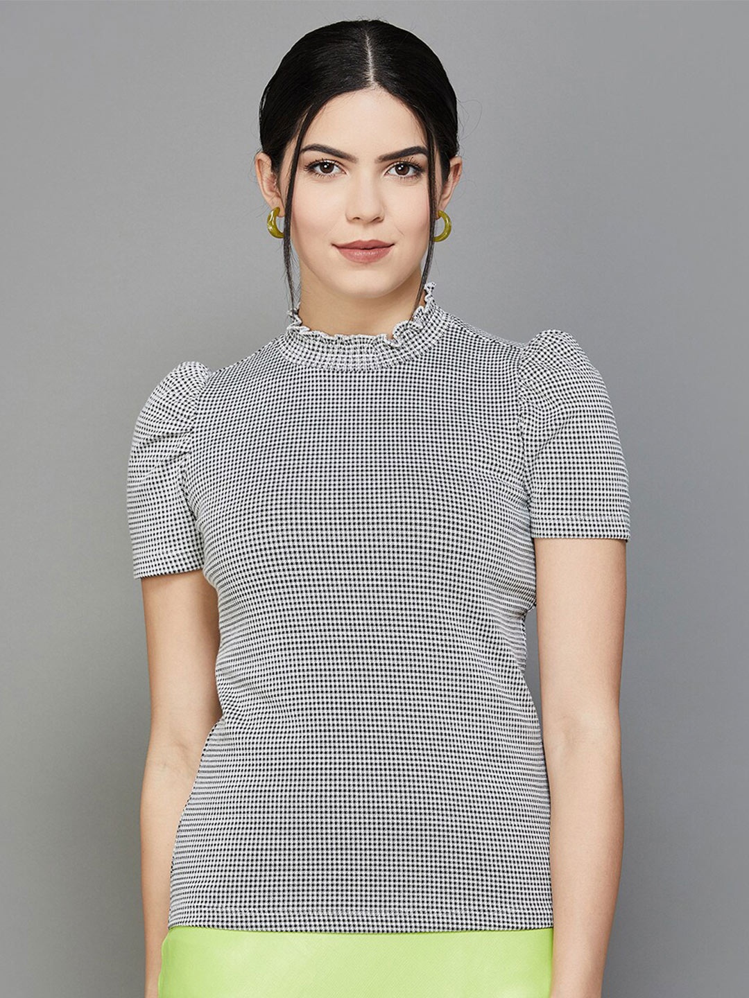 

CODE by Lifestyle Self Design High Neck Puff Sleeves Top, Grey
