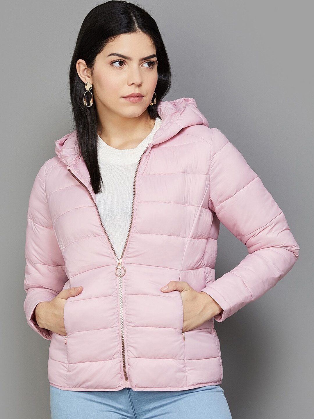 

CODE by Lifestyle Striped Long Sleeves Hooded Puffer Jacket, Pink
