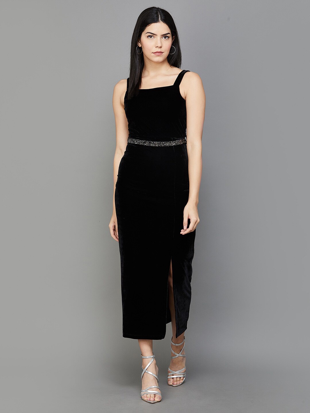 

CODE by Lifestyle Shoulder Straps Sheath Midi Dress With Belt, Black