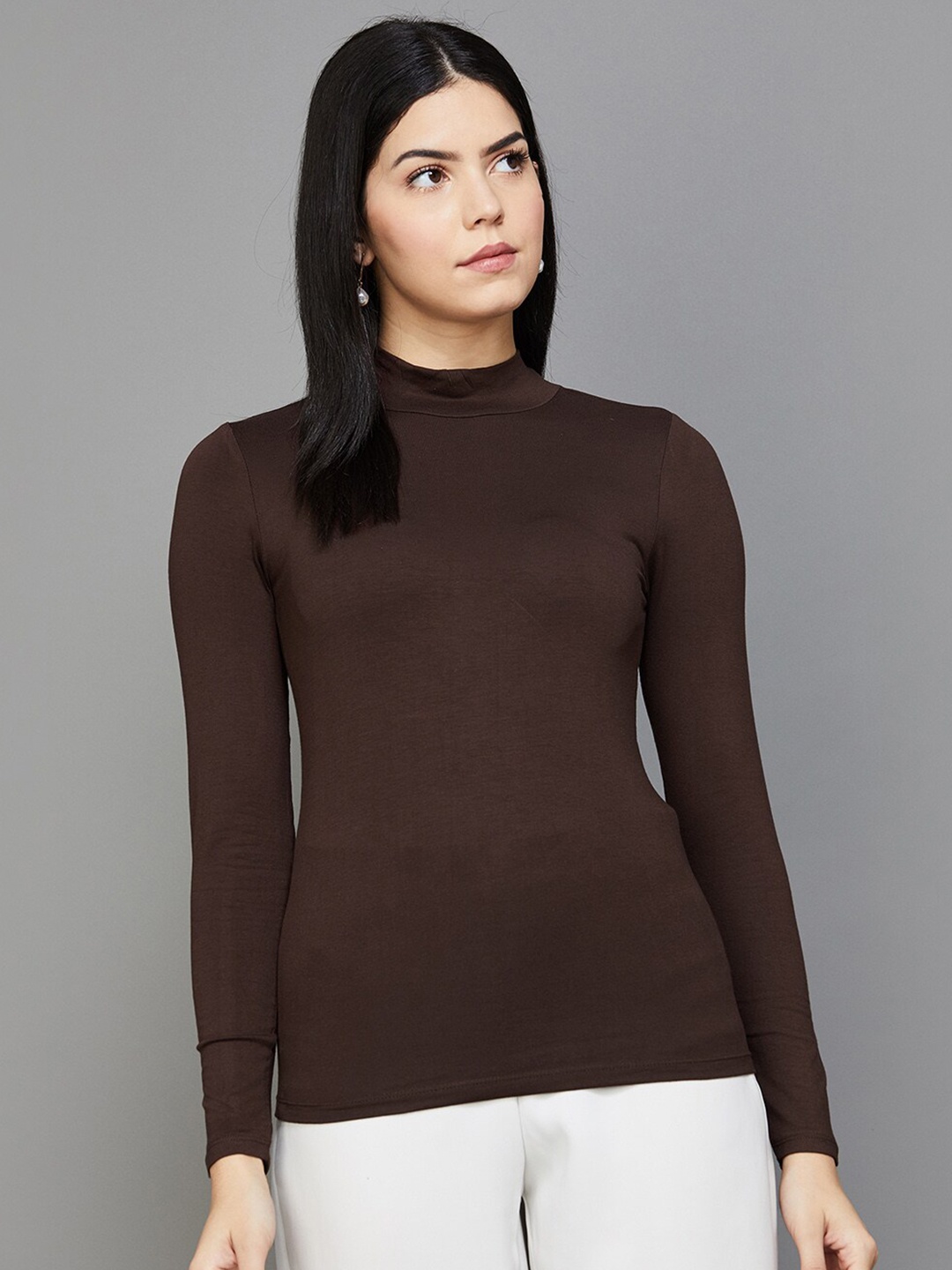 

CODE by Lifestyle High Neck Long Sleeves Top, Brown