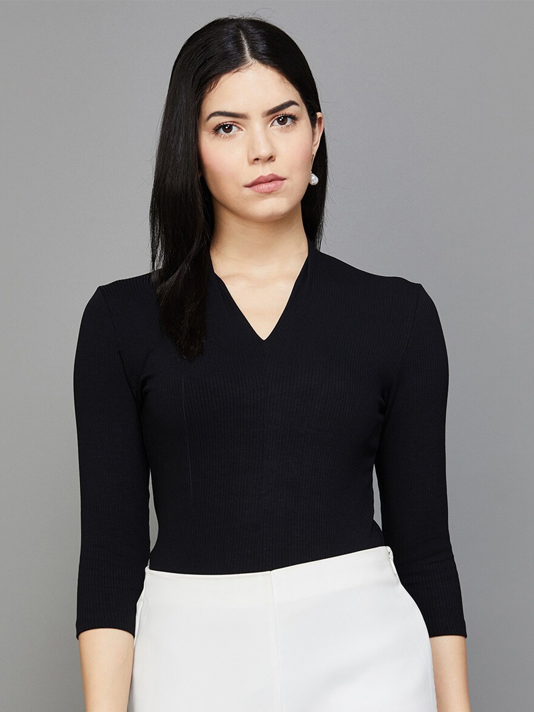 

CODE by Lifestyle Vertical Striped V-Neck Top, Black
