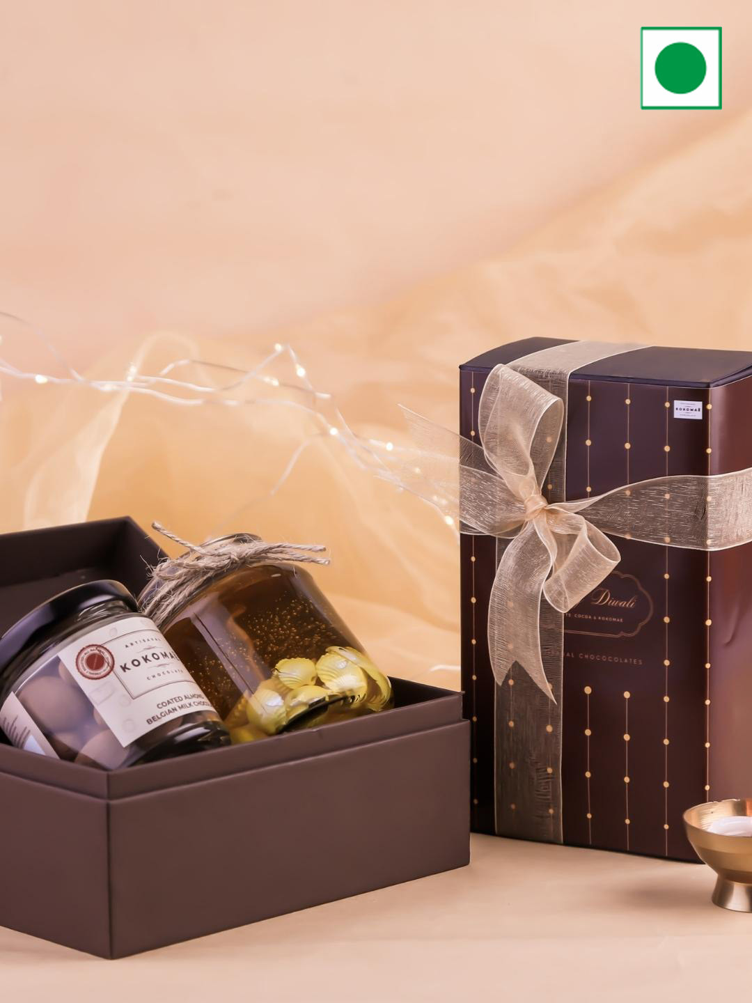 

Kokomae Artisanal Chocolate Almond in Smooth Chocolate & a Candle for Diwali -300 gms, Brown