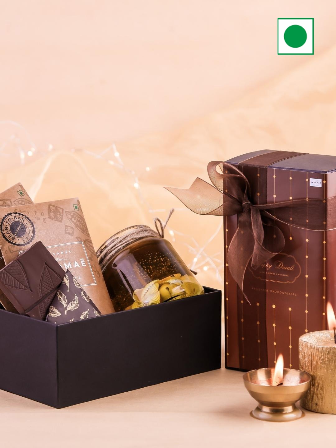 

Kokomae Artisanal Chocolate Double Delight Diwali Gift Hamper with Candle, Brown