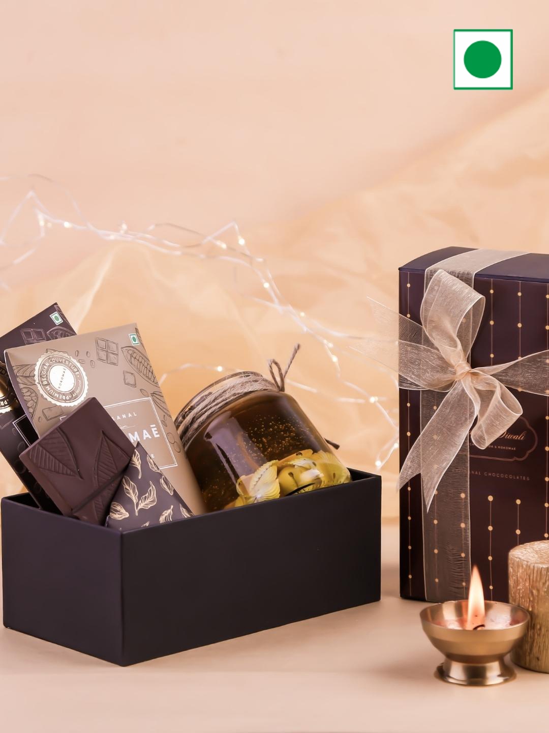

Kokomae Artisanal Chocolate Diwali DelightfulFruit & Nut and Chilli Bar with a Candle, Brown