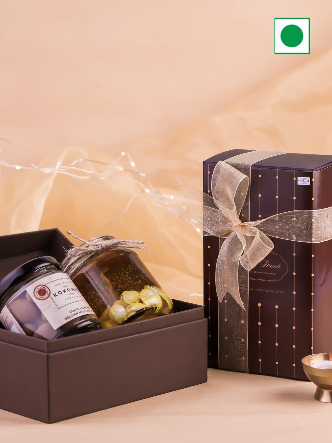

Kokomae Artisanal Chocolate Glamour Gift Box with Coated Hazelnut Chocolate Bar & Candle, Brown