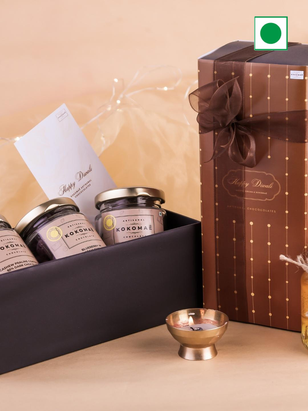 

Kokomae Artisanal Chocolate Melang Hamper for Diwali with Dragees & an offering- 250 gms, Brown