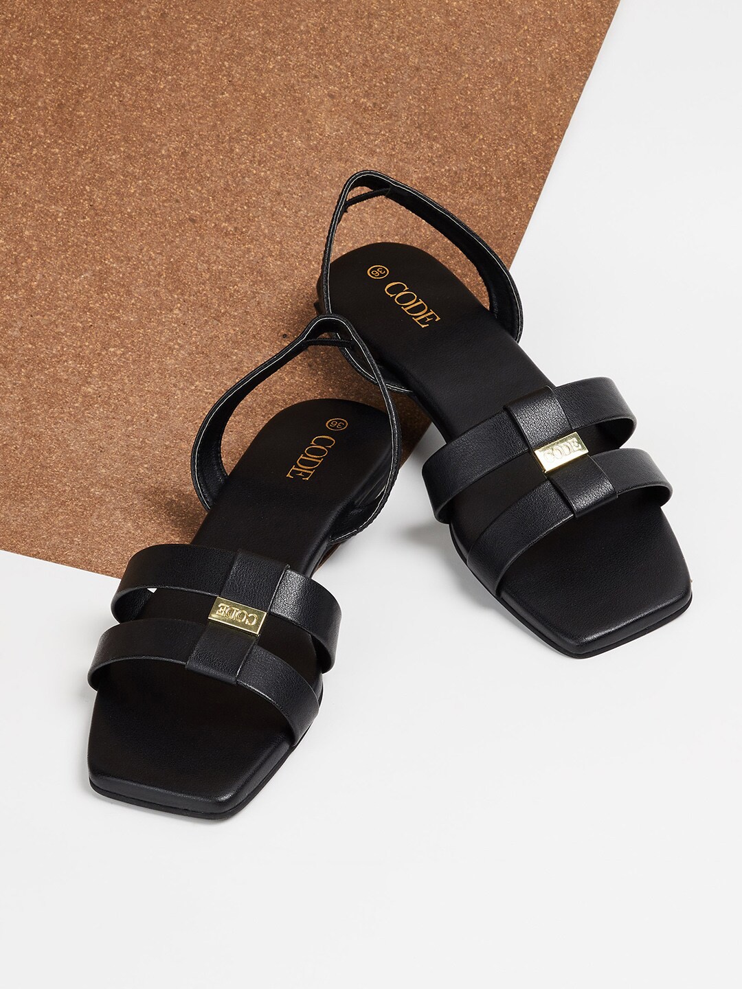 

CODE by Lifestyle Textured Open Toe Flats With Backstrap, Black