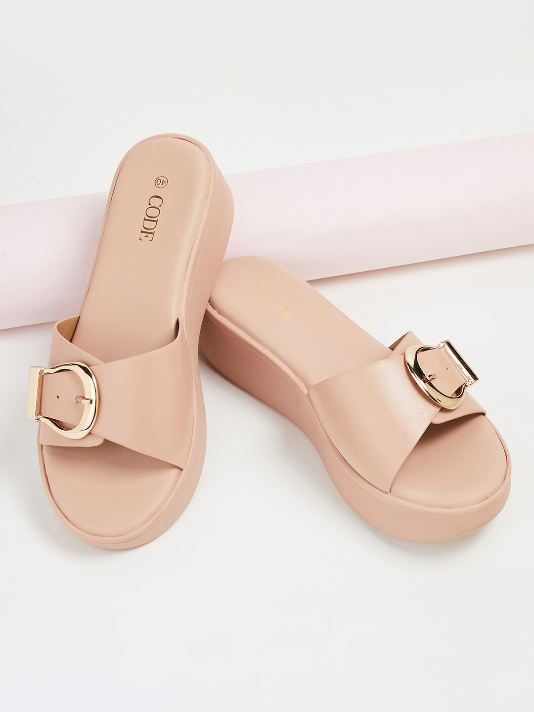 

CODE by Lifestyle Solid Flatform Sandals with Buckles, Pink