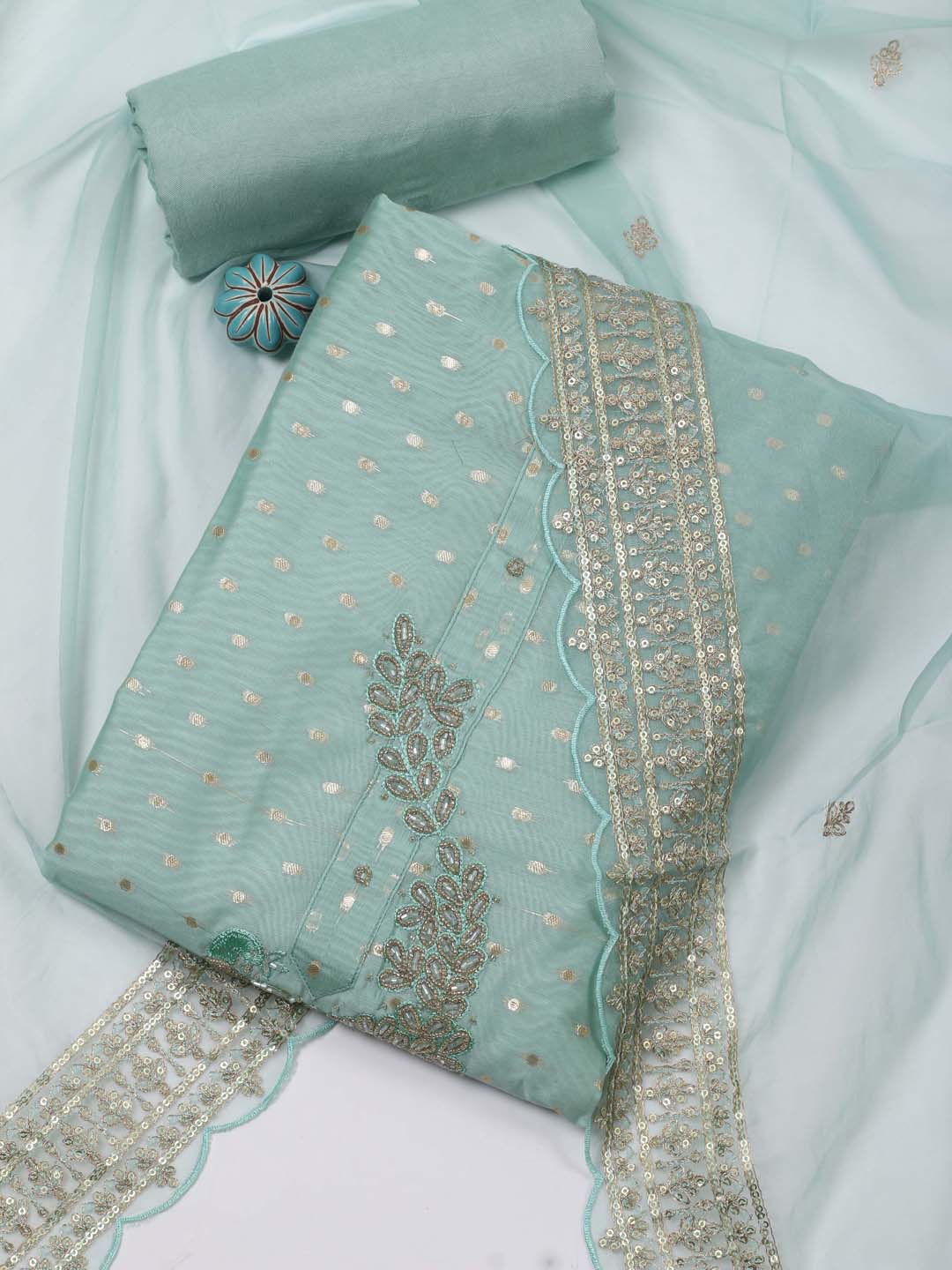 

Meena Bazaar Woven Design Sequinned Unstitched Dress Material, Sea green