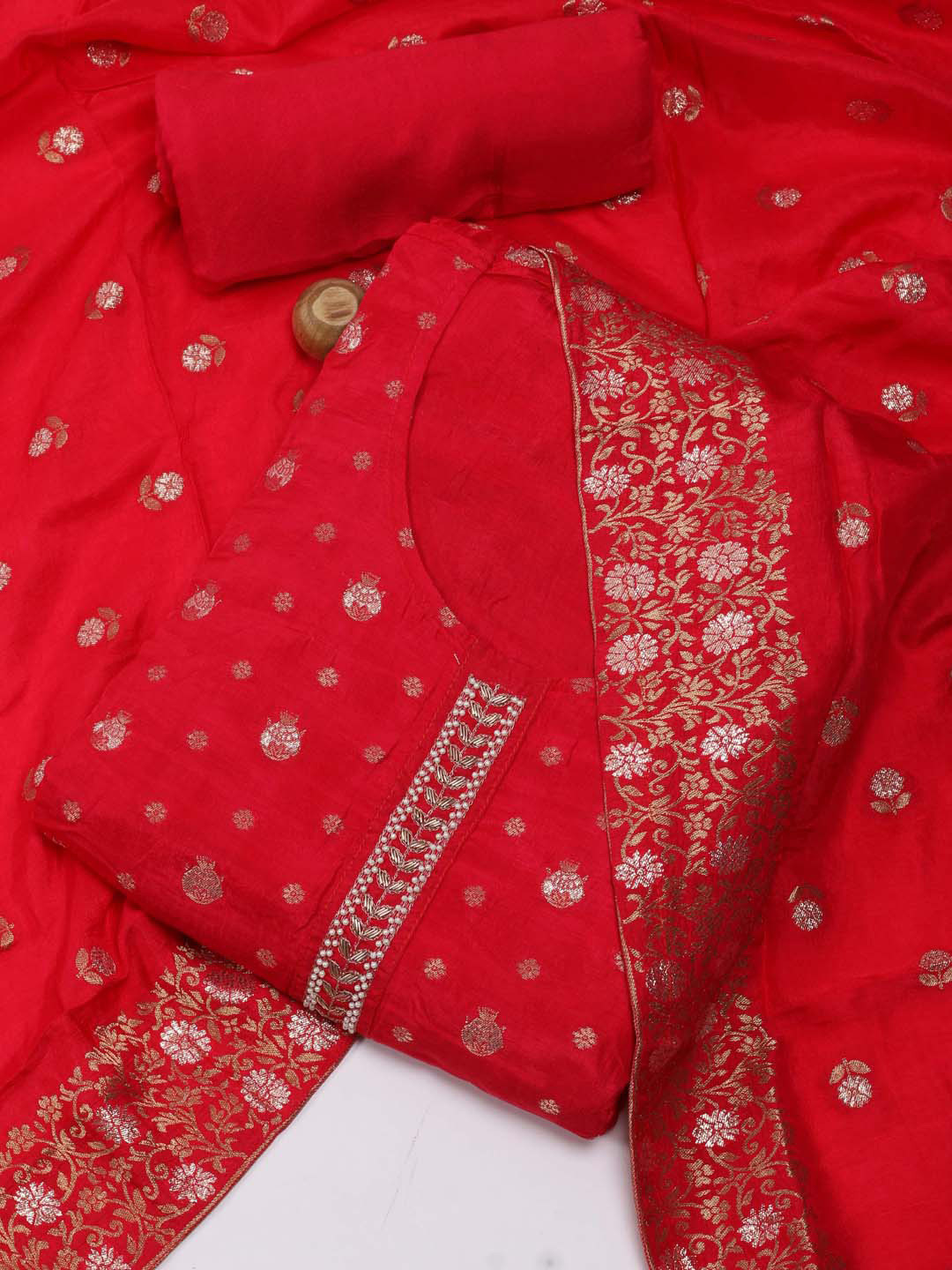 

Meena Bazaar Woven Design Chanderi Unstitched Dress Material, Red