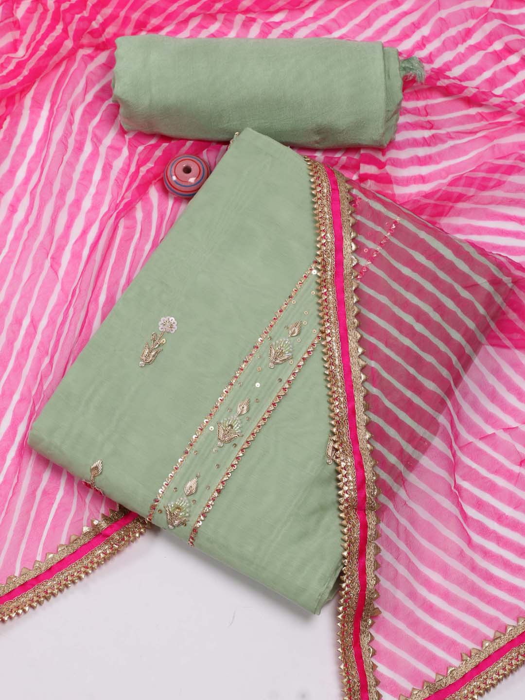 

Meena Bazaar Embroidered Gotta Patti Chanderi Unstitched Dress Material, Green