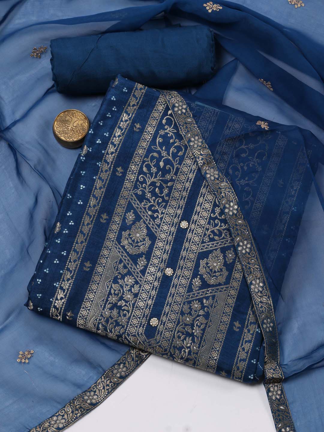 

Meena Bazaar Woven Design Chanderi Unstitched Dress Material, Blue