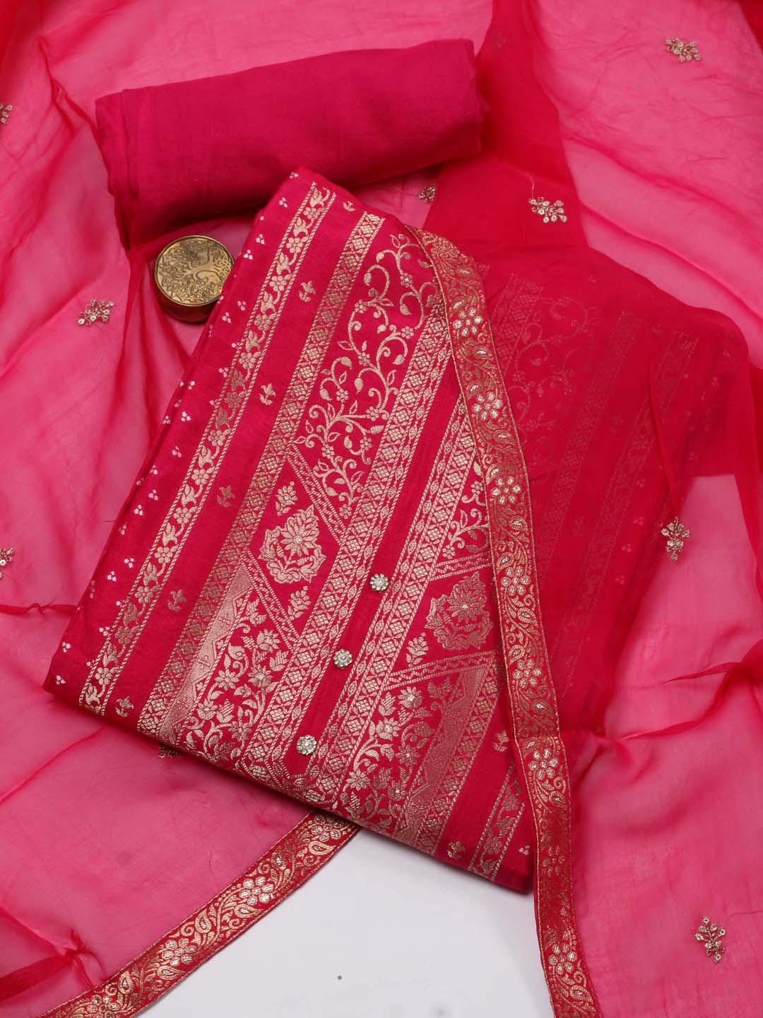 

Meena Bazaar Woven Design Chanderi Unstitched Dress Material, Pink