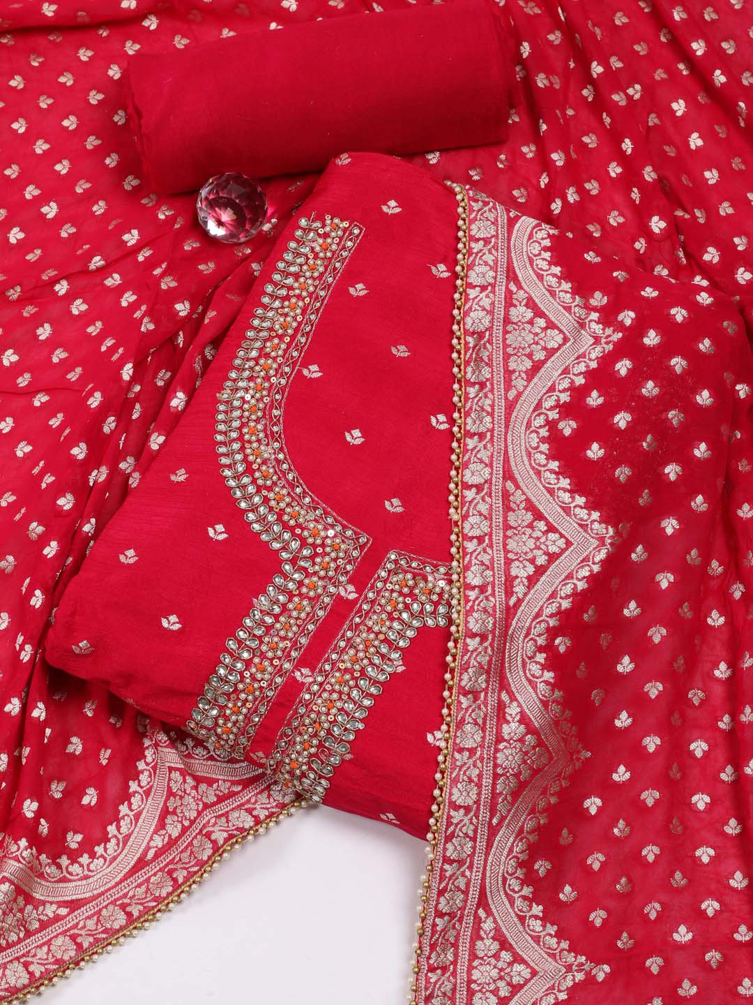 

Meena Bazaar Embroidered Chanderi Silk Unstitched Dress Material, Pink