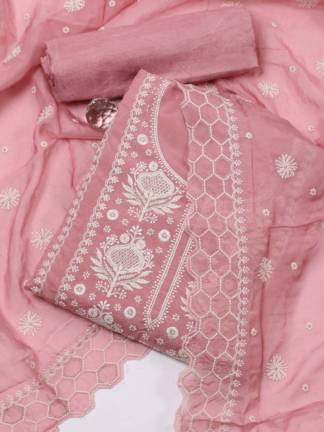 

Meena Bazaar Ethnic Motifs Embroidered Organza Unstitched Dress Material, Pink