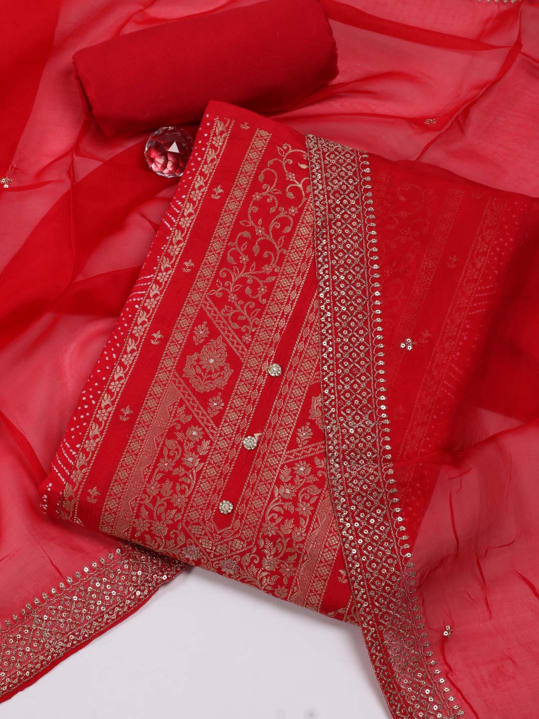 

Meena Bazaar Woven Design Chanderi Silk Unstitched Dress Material, Red