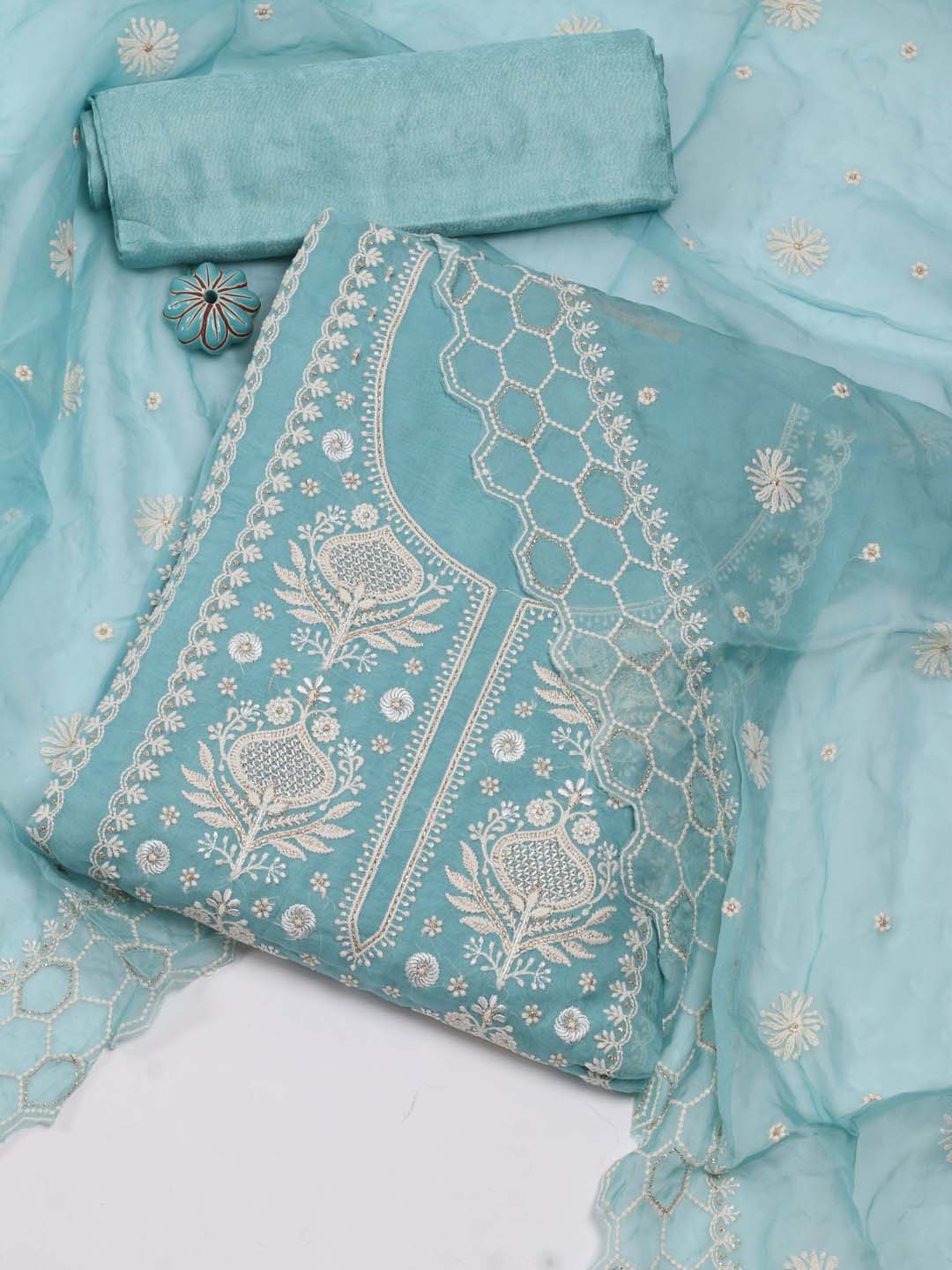 

Meena Bazaar Ethnic Motif Embroidered Organza Unstitched Dress Material, Blue