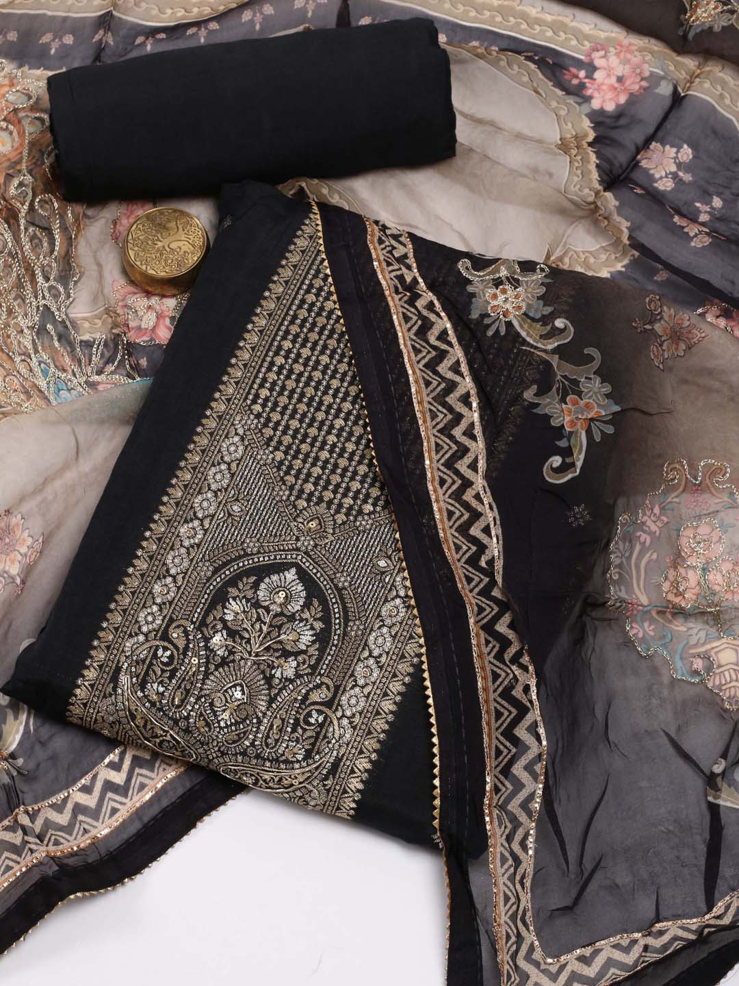 

Meena Bazaar Ethnic Motif Woven Design Embroidered Unstitched Dress Material, Black