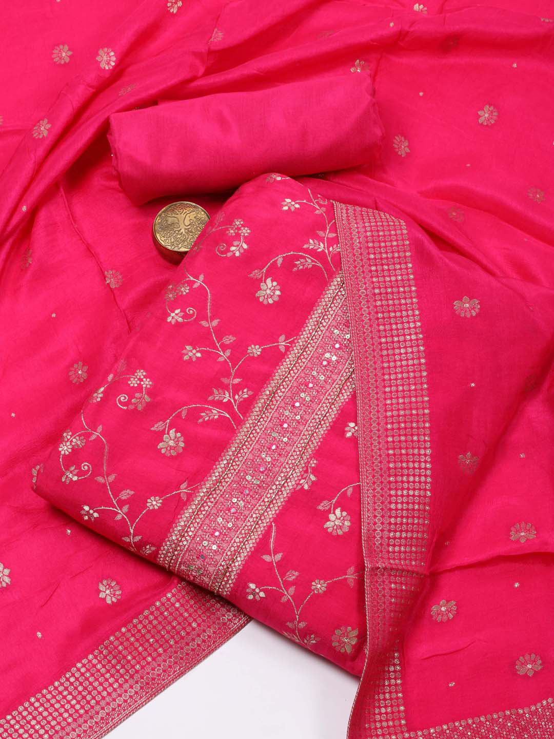 

Meena Bazaar Ethnic Motif Woven Design Embroidered Unstitched Dress Material, Pink