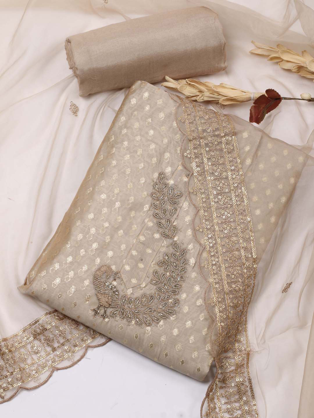 

Meena Bazaar Ethnic Motif Woven Design Embroidered Unstitched Dress Material, Beige