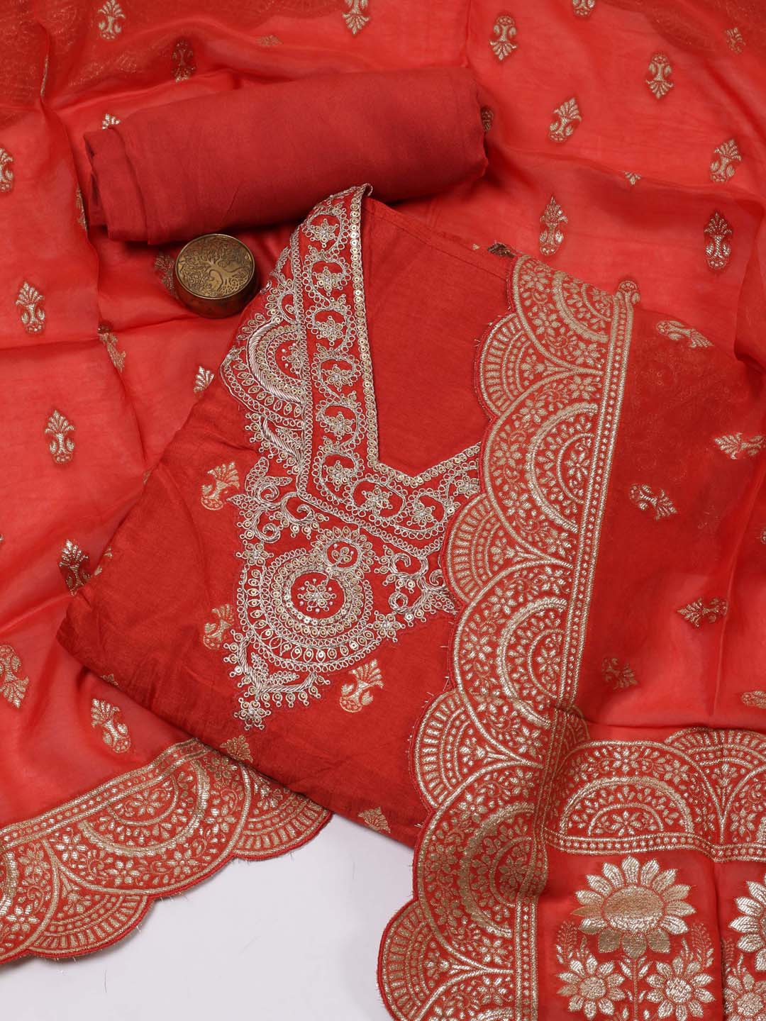 

Meena Bazaar Ethnic Motif Woven Design Embroidered Unstitched Dress Material, Red