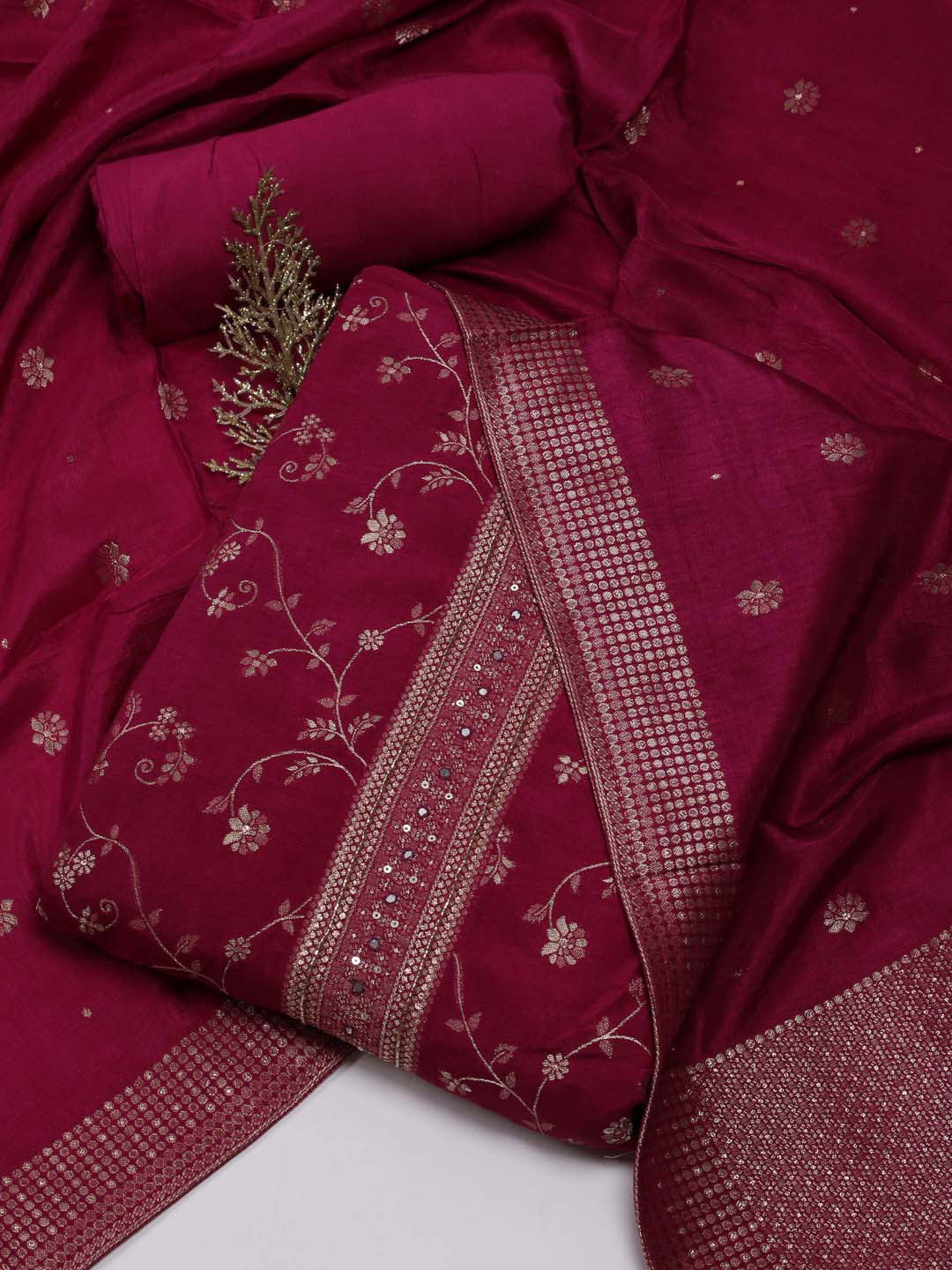 

Meena Bazaar Art Silk Unstitched Dress Material, Burgundy
