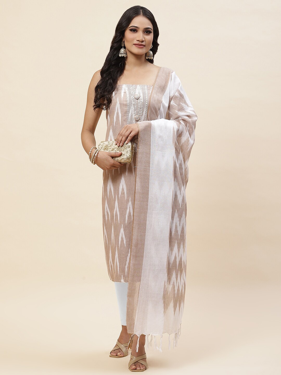

Meena Bazaar Chevron Printed Unstitched Dress Material, Beige