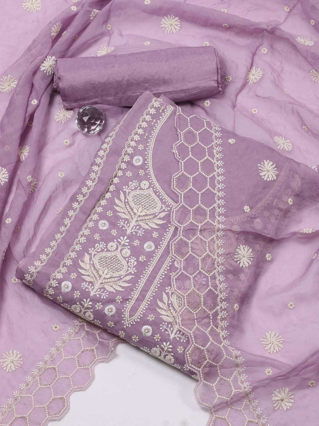 

Meena Bazaar Printed Organza Unstitched Dress Material, Purple