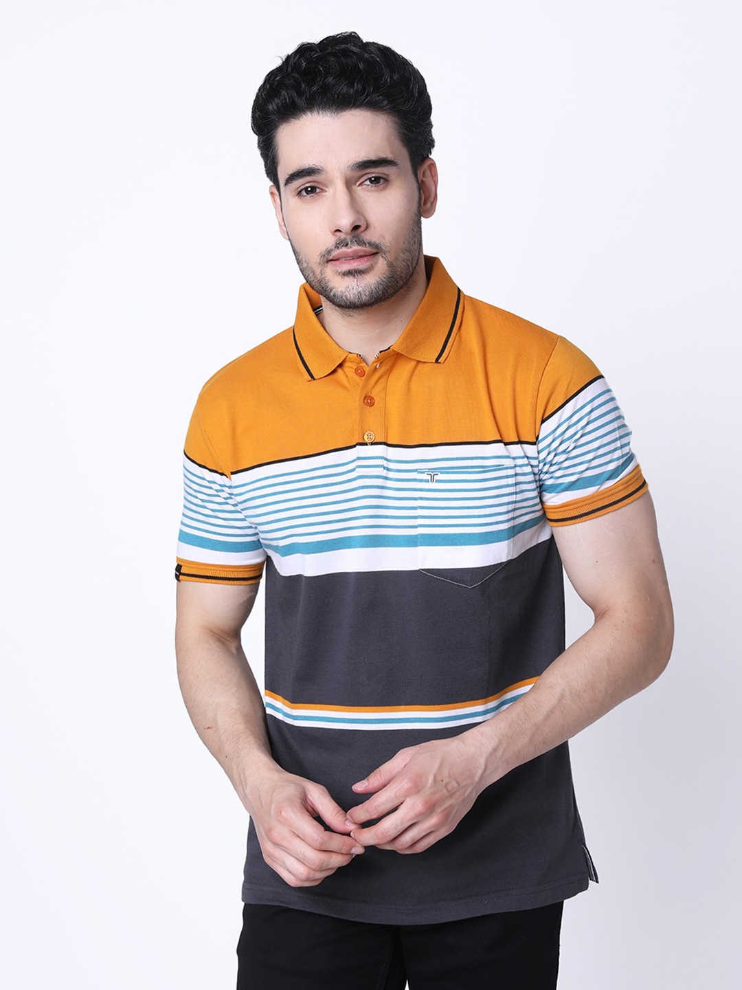 

TESSIO Men Grey Melange Striped Polo Collar Extended Sleeves Pockets T-shirt