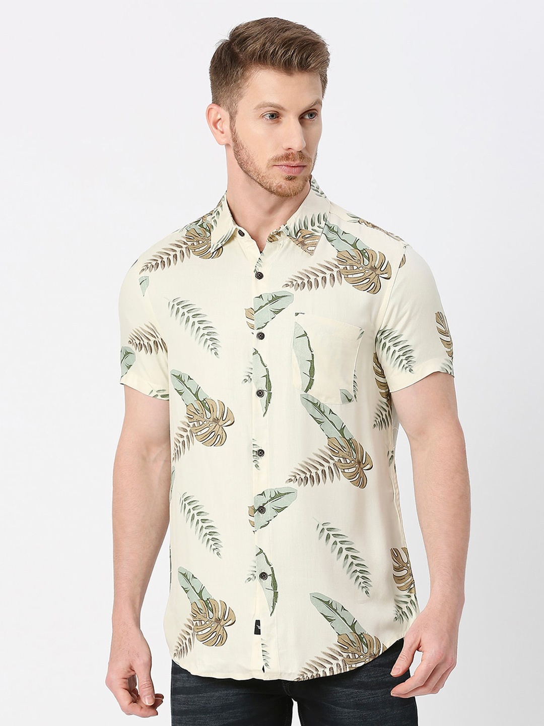 

VALEN CLUB Modern Slim Fit Tropical Opaque Printed Casual Shirt, Cream