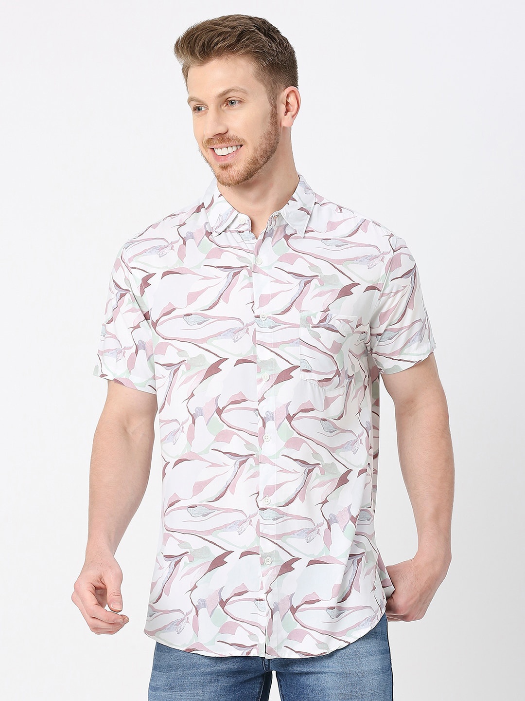 

VALEN CLUB Modern Slim Fit Abstract Opaque Printed Casual Shirt, White