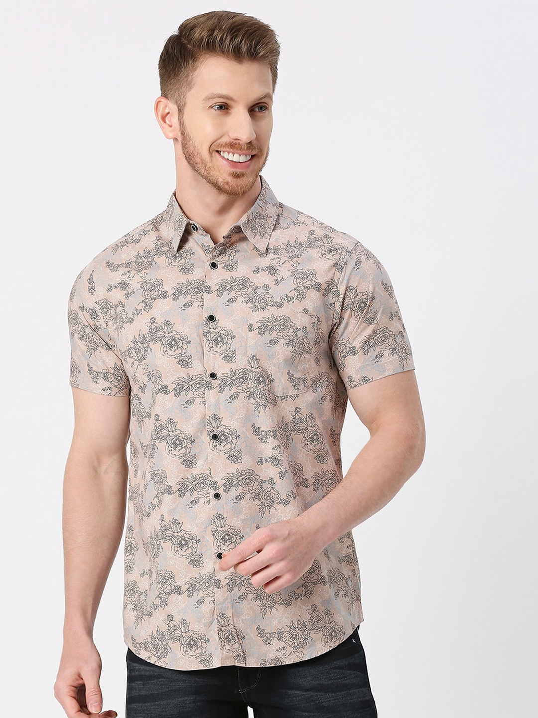 

VALEN CLUB Modern Slim Fit Floral Opaque Printed Casual Shirt, Peach