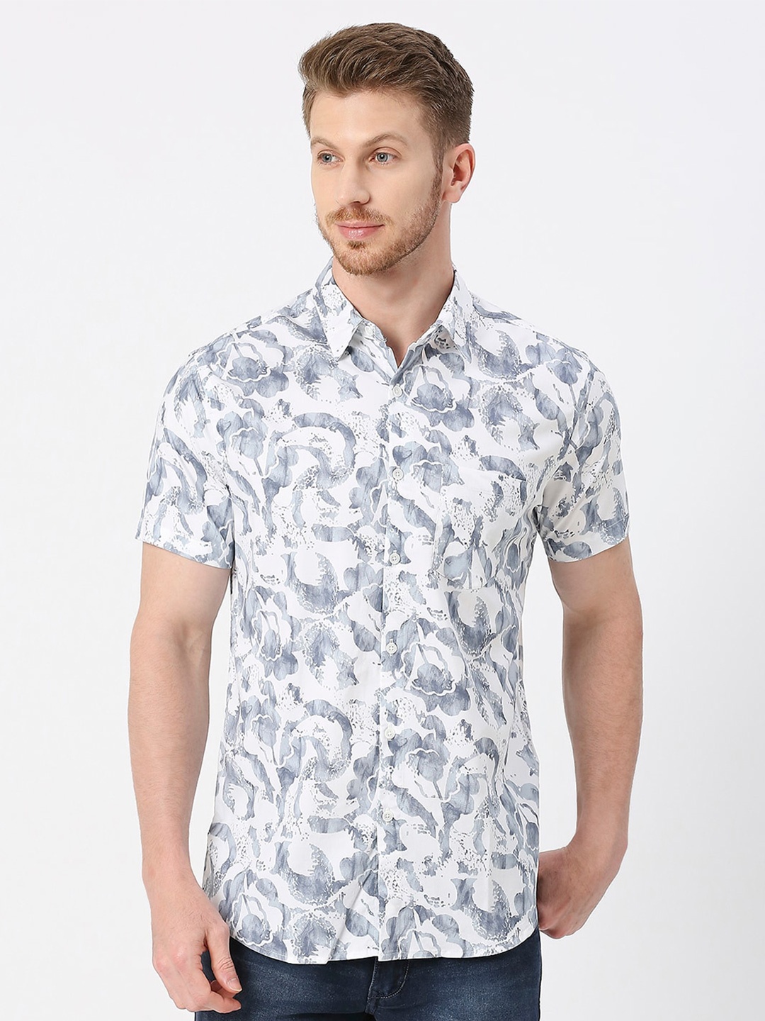 

VALEN CLUB Abstract Printed Twill Modern Slim Fit Opaque Casual Shirt, Grey