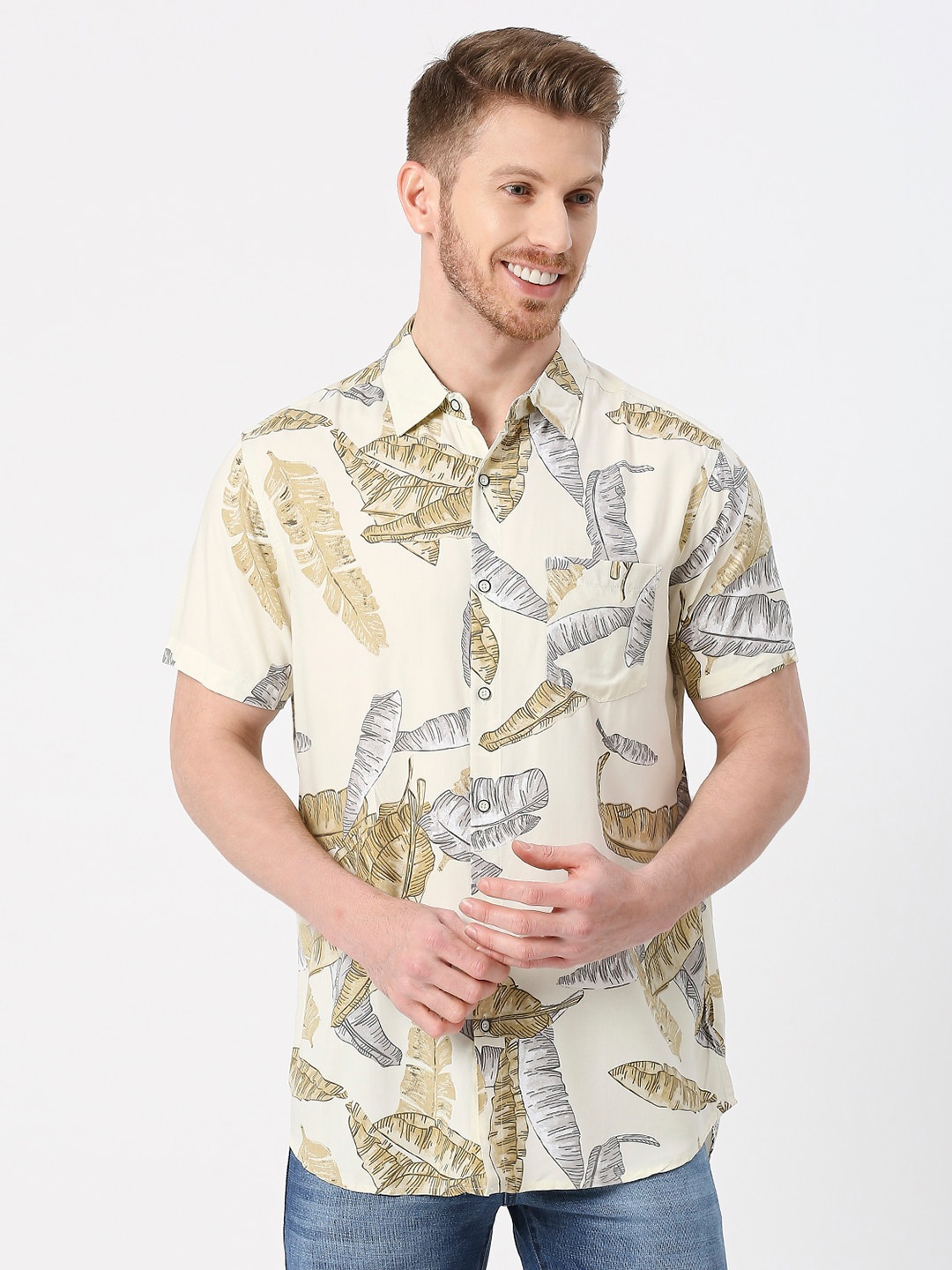 

VALEN CLUB Abstract Printed Twill Modern Slim Fit Opaque Casual Shirt, Beige