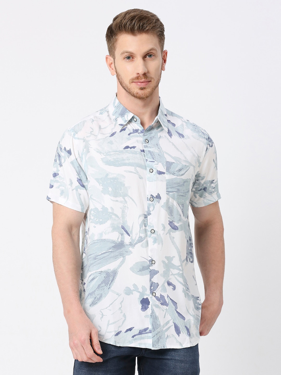 VALEN CLUB Abstract Printed Twill Modern Slim Fit Opaque Casual Shirt, Blue