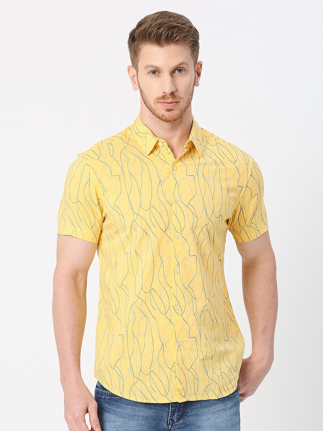

VALEN CLUB Abstract Printed Cotton Twill Modern Slim Fit Opaque Casual Shirt, Yellow