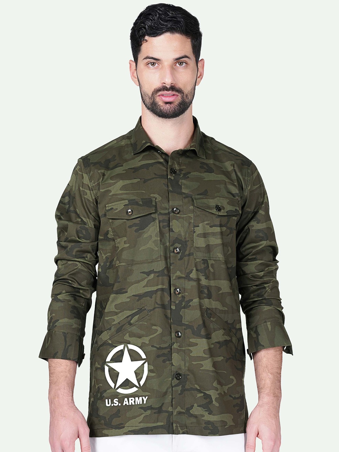 

FRENCH CROWN Camouflage Printed Cotton Standard Opaque Casual Shirt, Green